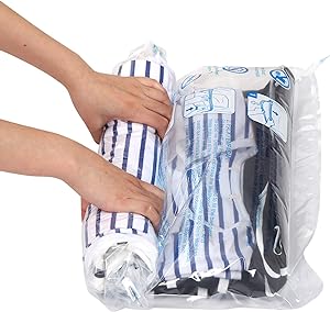 Hibag travel compression bags make packing easy. Equipped with one-way air valve to easily remove air. Roll up the bag and watch your clothes shrink to a fraction of their original size.