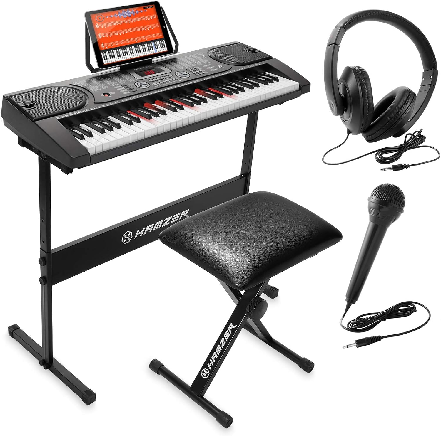 Hamzer 61-Key Electronic Keyboard Portable Digital Music Piano with Lighted Keys, H-Stand, Stool, Headphones, Microphone, & Sticker Set