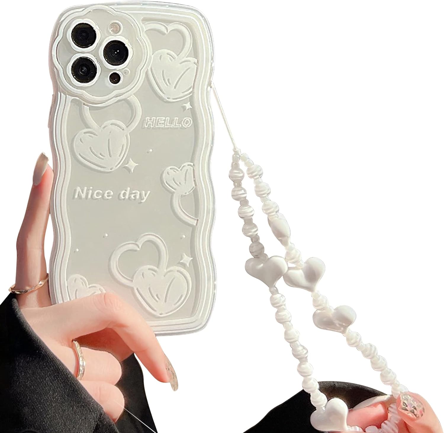 NITITOP Compatible for iPhone 12 Pro Max Case, Cute Oil Painting Love Pattern with Heart Beaded Lanyard Wrist Strap for Women Girls, Soft TPU Full Protective- White Heart