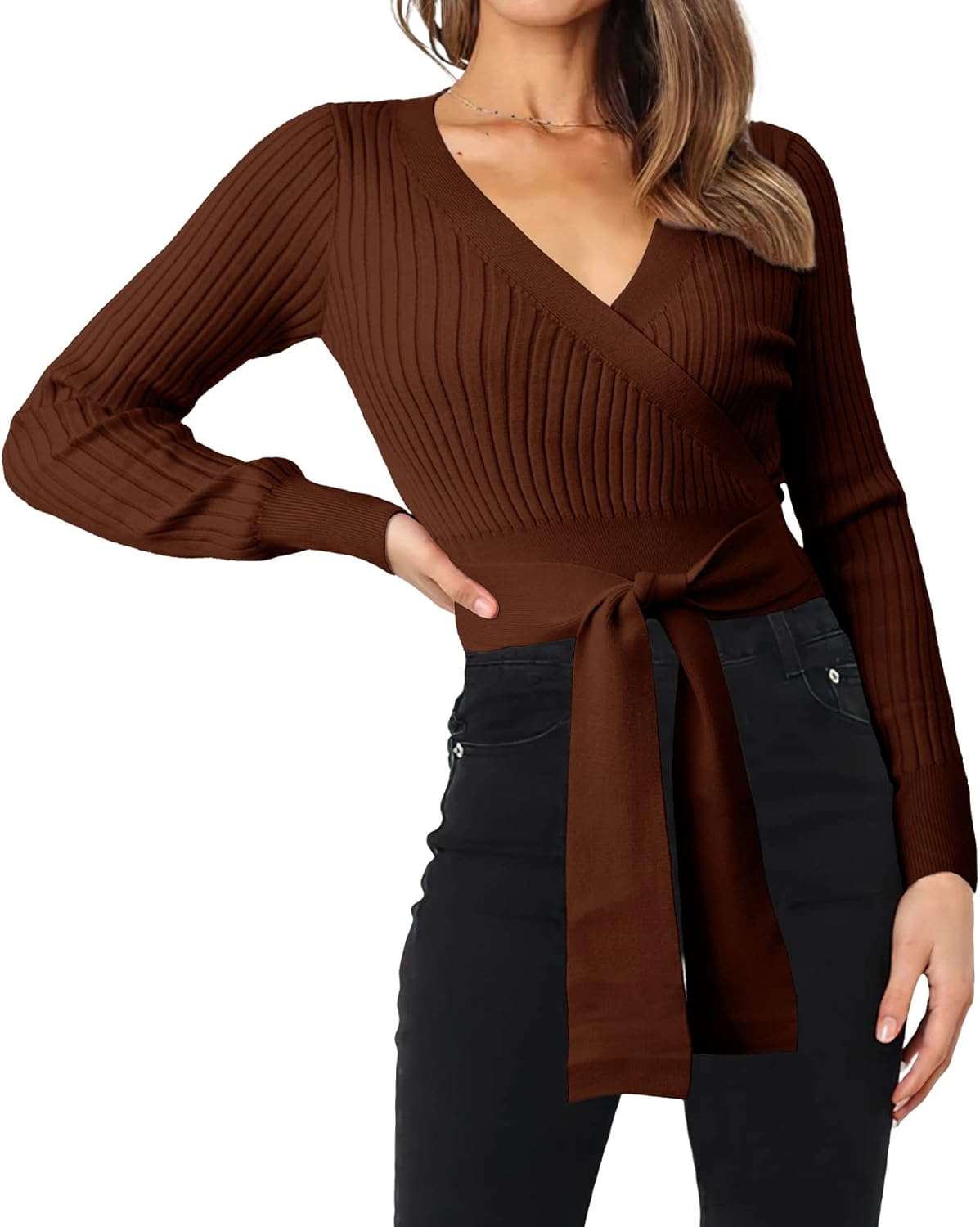 BTFBM Women Wrap Deep V Neck Cropped Sweaters Long Sleeve High Waist Tie Front Slim Fit Ribbed Knit Pullover Sweater Top