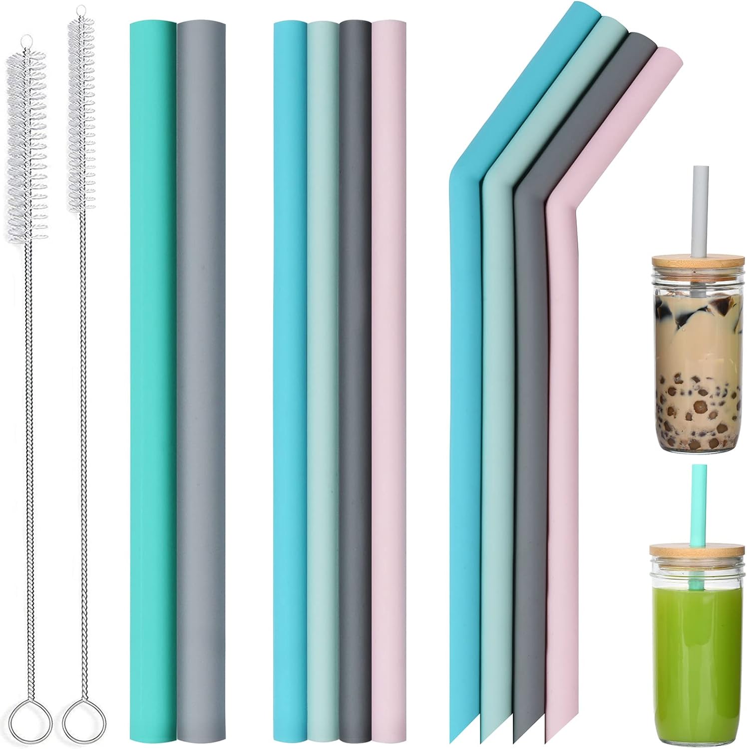 ALINK 10-Pack Reusable Silicone Straws, 2 Large Silicone Boba Straws, 8 Long Smoothie Straws for 30 oz 20 oz Tumblers, Milkshakes, Bubble Tea, Tapioca Pearl With 2 Brush and Case, 10 Inch