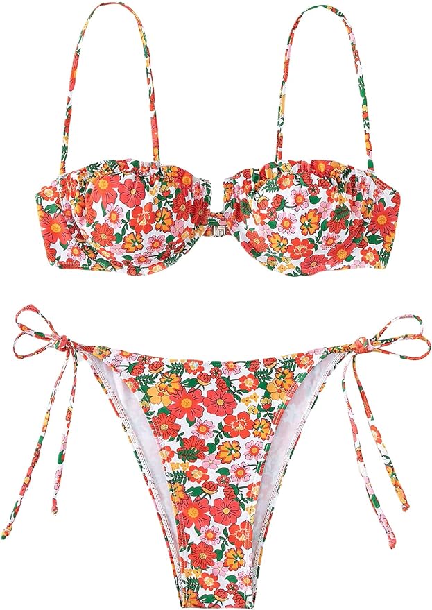 WDIRARA Women' Floral Print Underwired Tie Side 2 Piece Bikini Set Cute Swimsuit