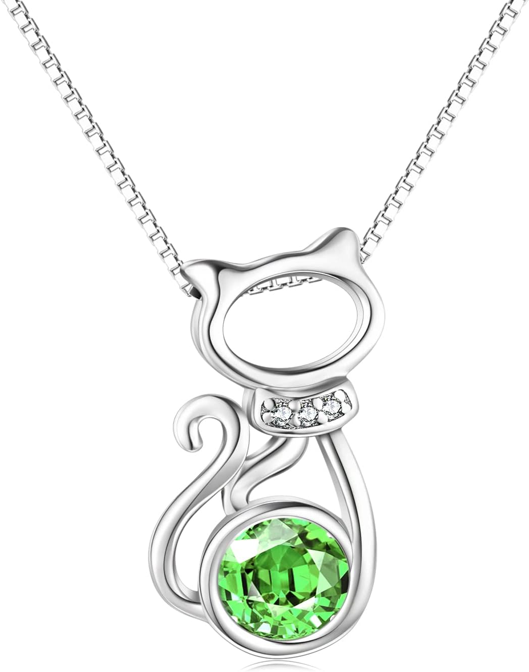 AOBOCO Sterling Silver Cat Pendant Necklace with Birthstone CrystalDainty Jewelry Gifts for Cat Lovers