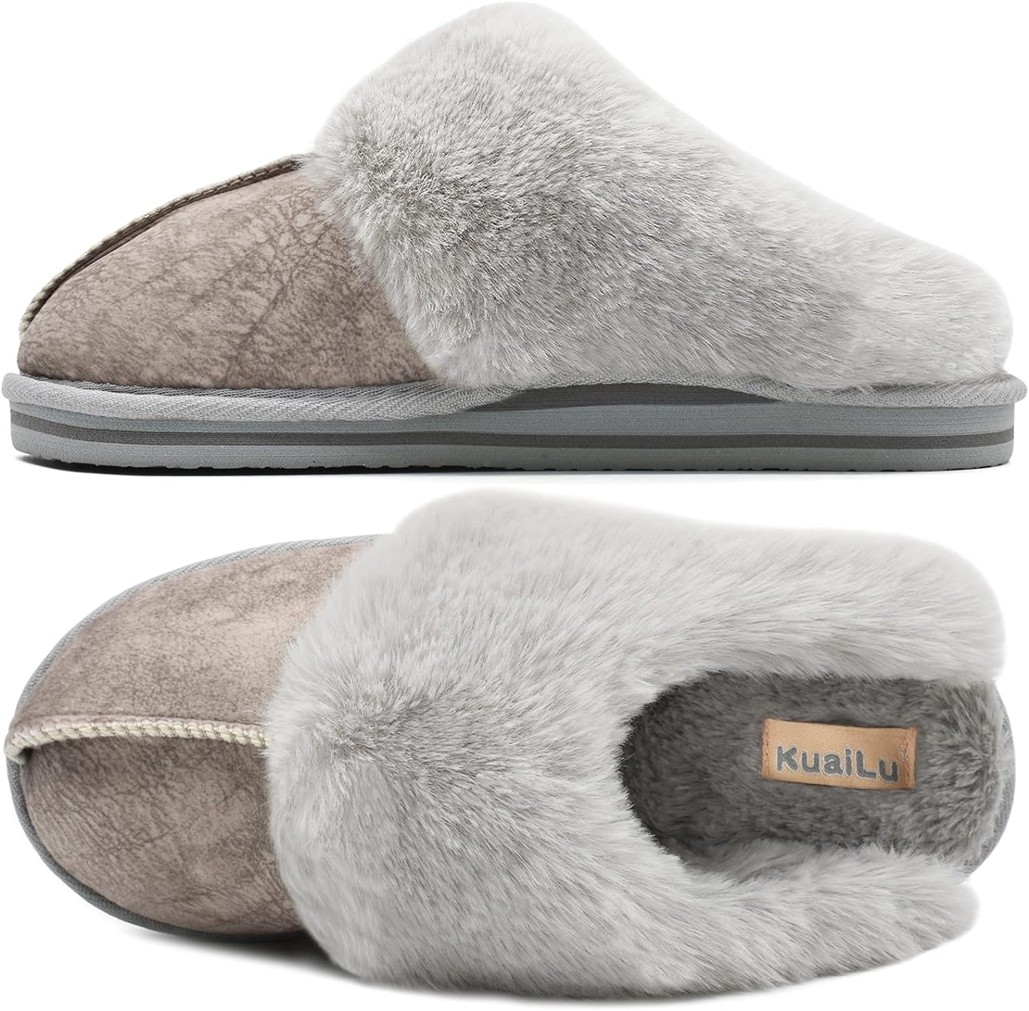 KuaiLu Womens Fluff Dual Memory Foam Slippers Ladies Cozy Arch Support Warm Scuff Slippers Slip on Comfy Winter House Shoes with Non-Slip Indoor Outdoor Hard Sole