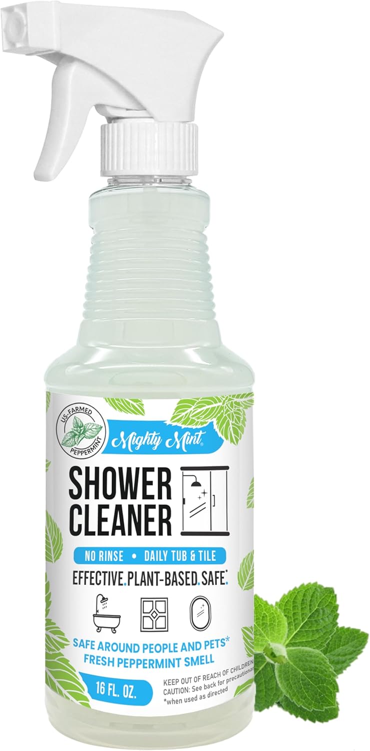 Mighty Mint Shower Cleaner, Non-Toxic, No-Rinse, No-Scrub, Daily Spray for Glass, Tile, Grout, Natural Peppermint Scent, 16oz