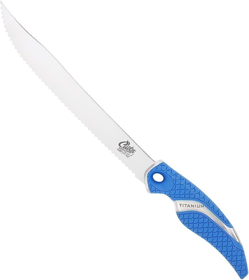 Cuda 9-Inch Titanium Bonded Serrated Knife, Blue, 9