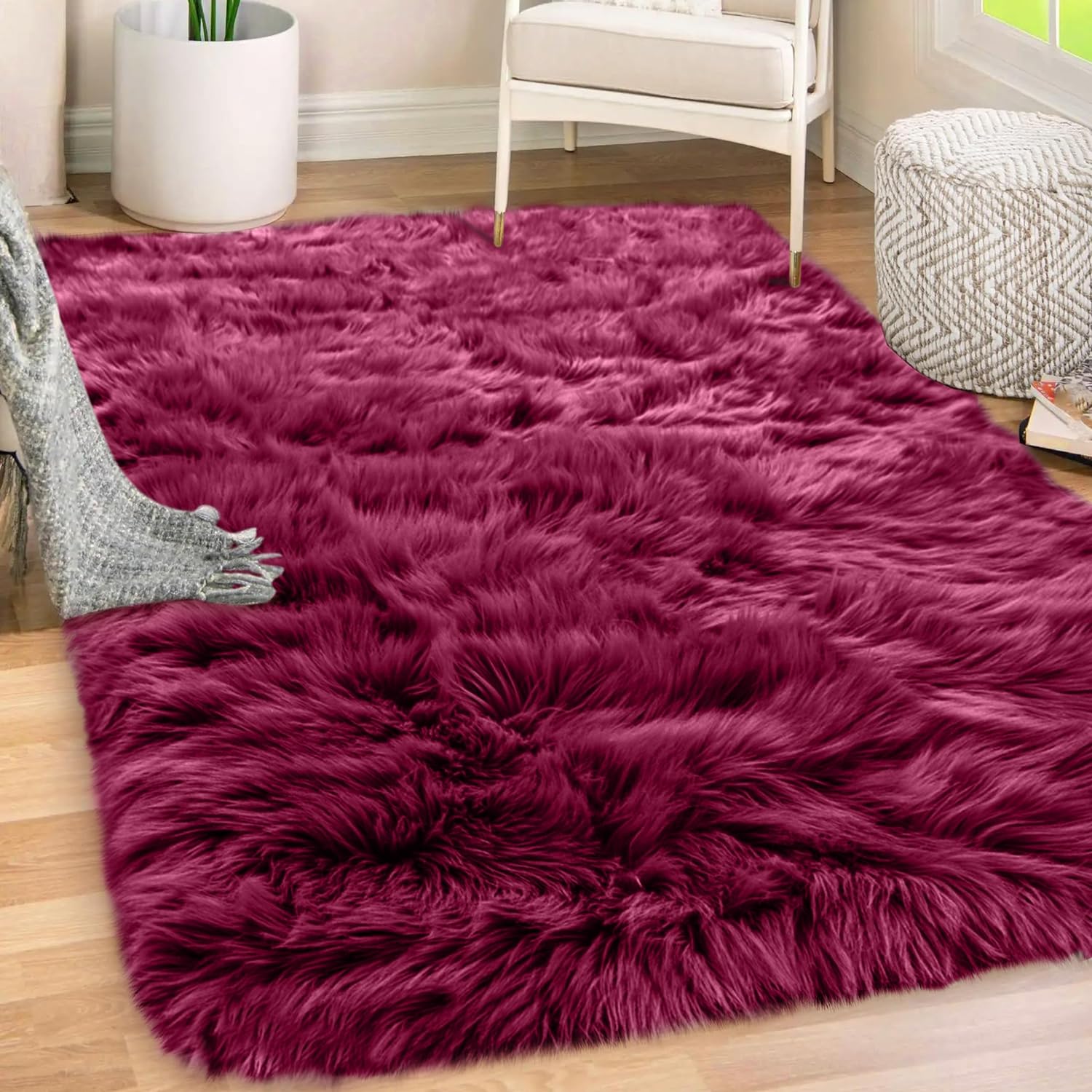 Gorilla Grip Fluffy Faux Fur Rug, Machine Washable Soft Furry Area Rugs, Rubber Backing, Plush Floor Carpets for Baby Nursery, Bedroom, Living Room Shag Carpet, Luxury Home Decor, 2x3, Burgundy