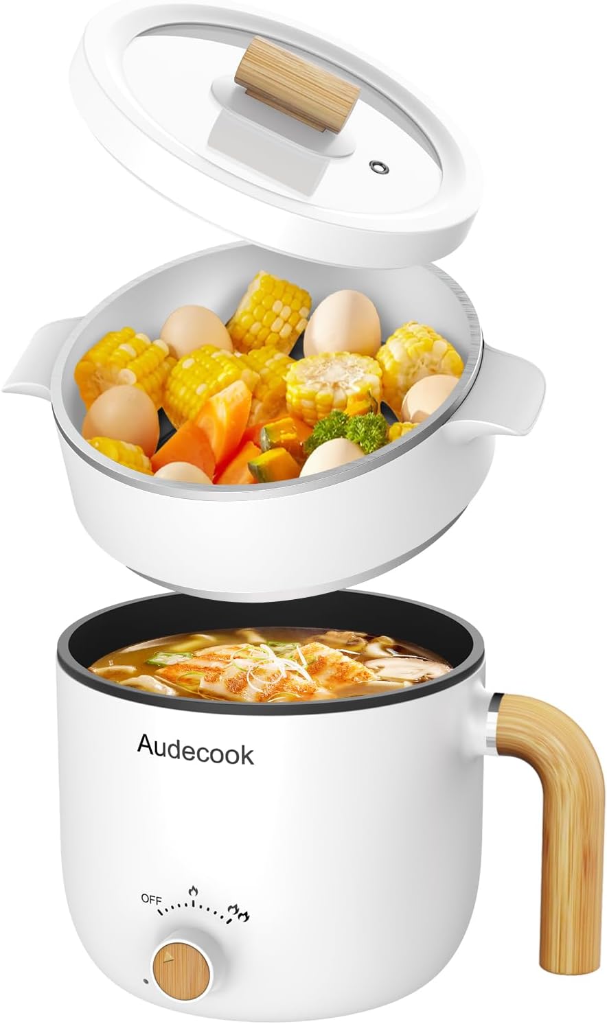 Audecook Hot Pot Electric with Steamer, 1.5L Portable Nonstick Rapid Noodles Cooker, Travel Electric Skillet with Dual Power Control for Ramen/Pasta/Soup/Steak/Egg/Oatmeal (White)