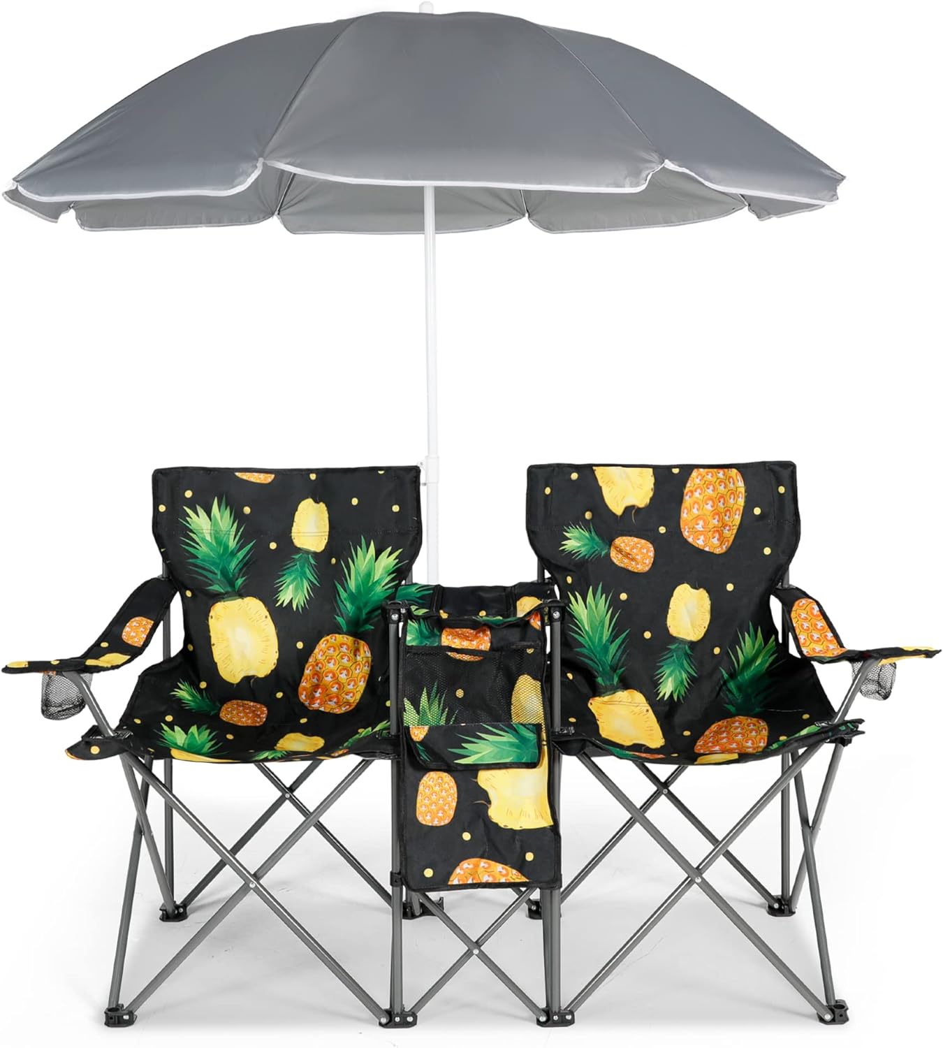 Double Portable Picnic Chair Folding Camping Chair W/Umbrella Table Beverage Holder Carrying Bag Cooler Fold Up Table for Patio Pool Park Outdoor Beach (Pineapple) (zc001)