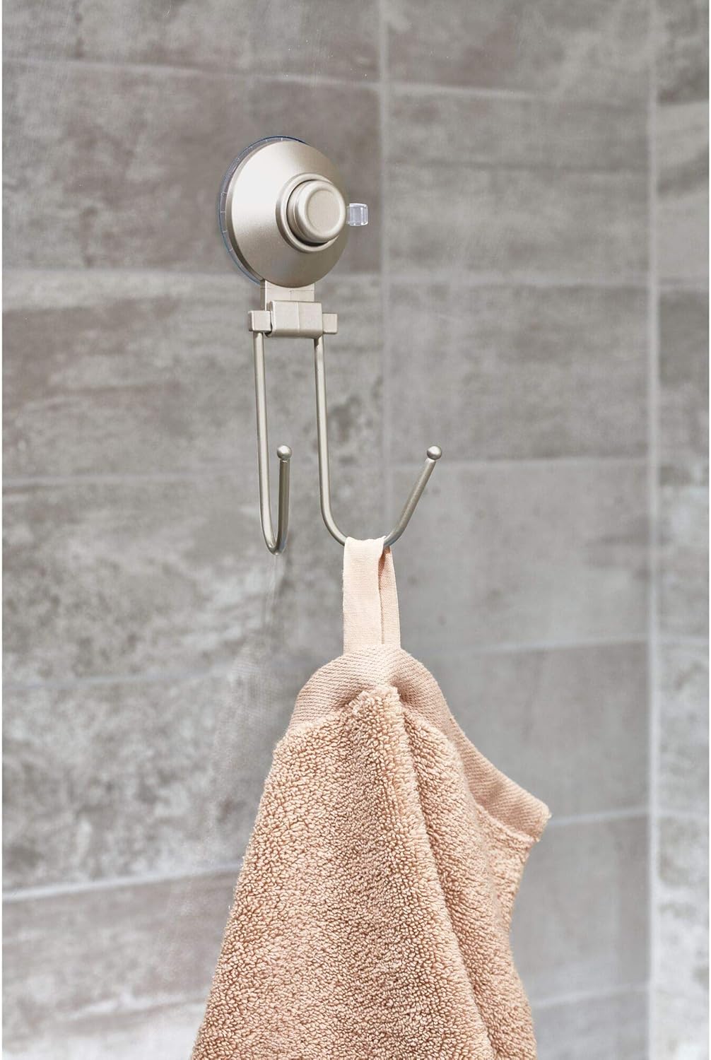 iDesign Everett Push Lock Suction Bathroom Double Hook for Towels, Loofahs, and More, 2.43 x 3.17 x 6.71, Satin