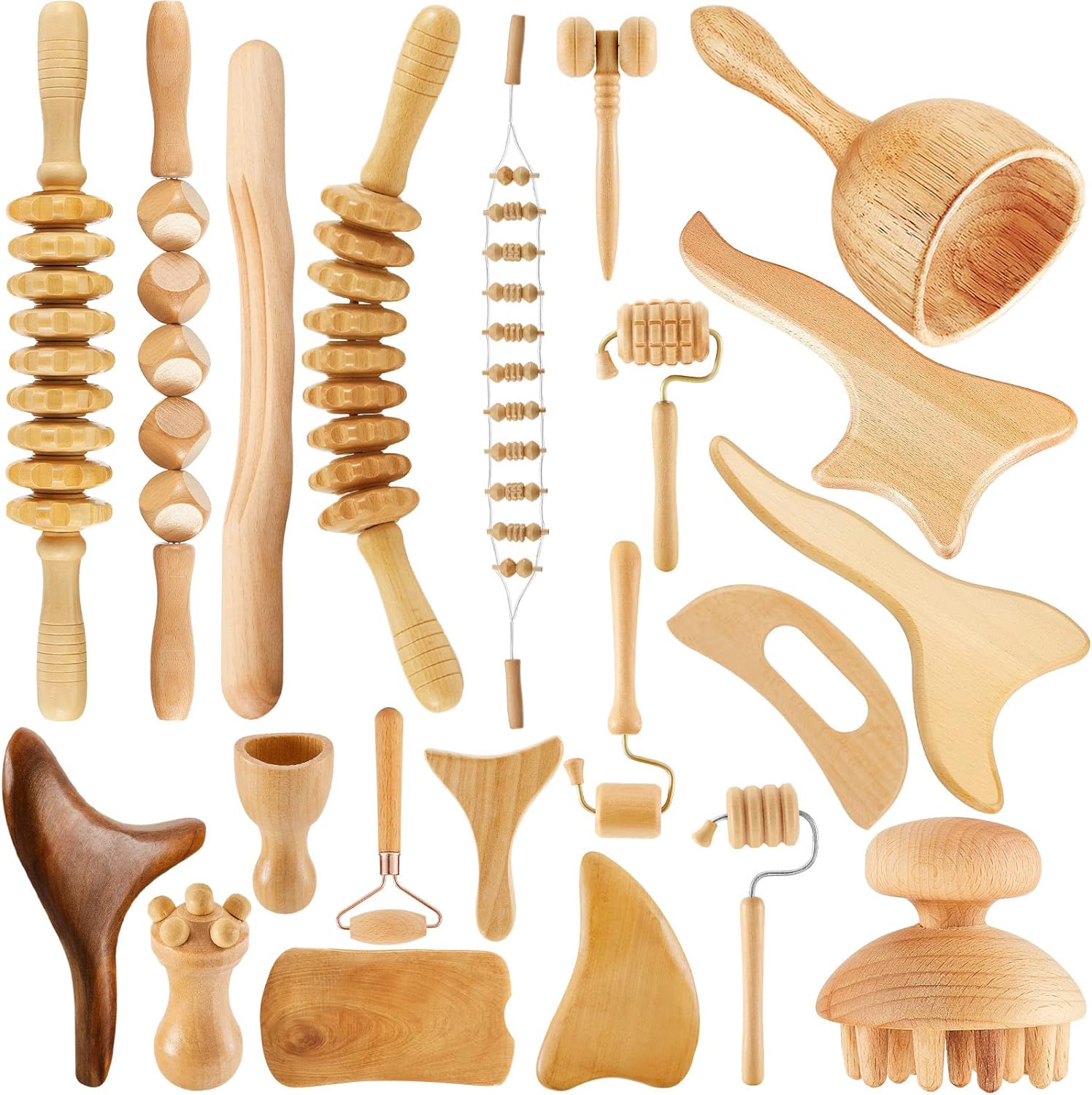 Amylove 21 Pcs Wood Therapy Tools for Body Shaping Wooden Massage Tool Set Therapy Tools Lymphatic Sculpting Tools Kit Anti Cellulite Face Body Contouring Tools for Beauty, Gua Sha, Sore Muscle Relief