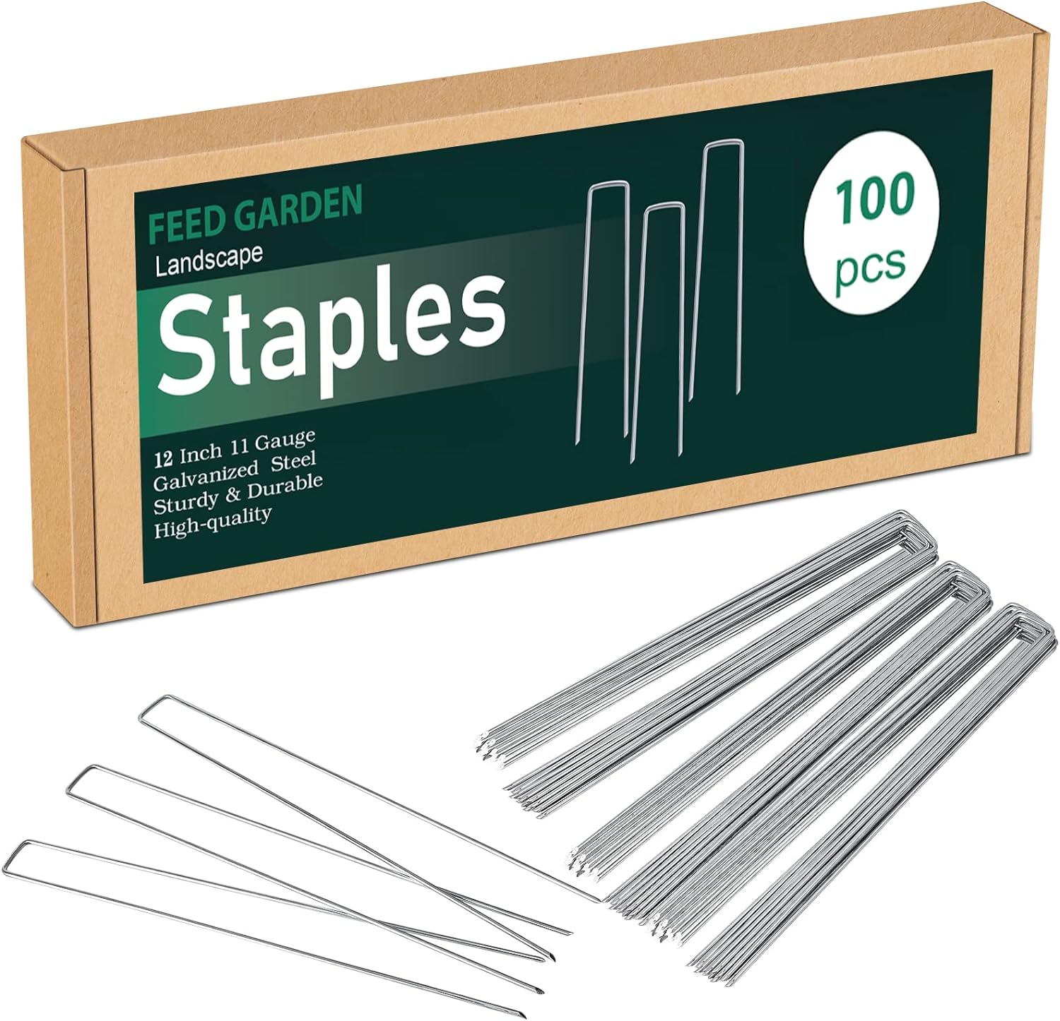 FEED GARDEN 12 Inch 100 Pack Galvanized Landscape Staples 11 Gauge Anti-Rust Garden Stakes Landscaping Fabric SOD Pins Yard Stakes for Weed Barrier Fabric