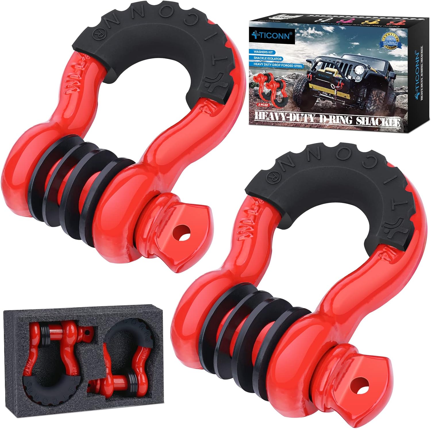 TICONN 2 Pack D Ring Shackle with 7/8 Screw Pin 57,000Ibs Break Strength, 3/4 Heavy Duty Shackles with Isolator & Washers for Tow Strap Winch Off Road Vehicle Recovery (Red/Black1)