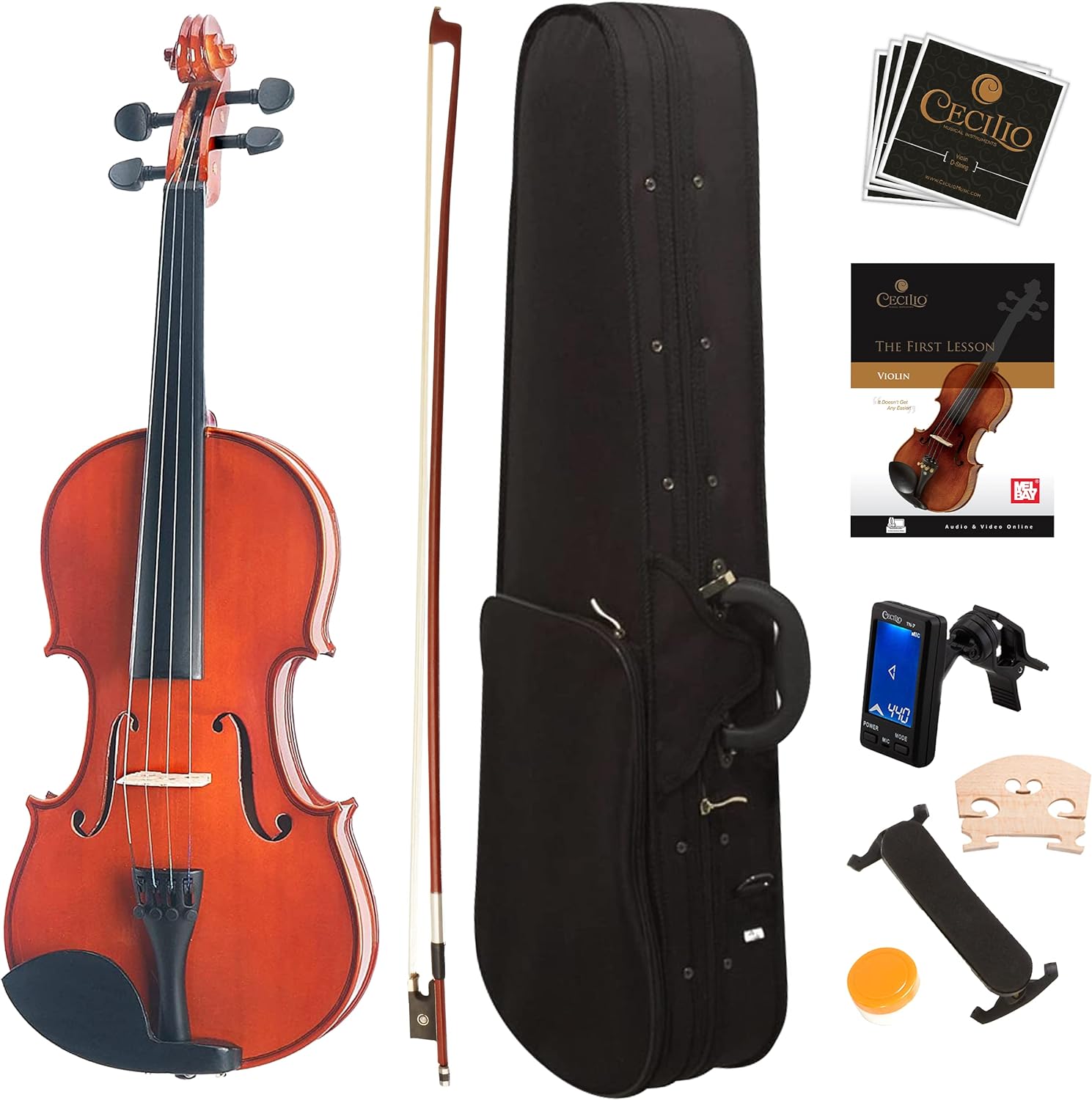 Mendini By Cecilio Violin For Kids & Adults - 4/4 MV Natural Varnish Finish Violins, Student or Beginners Kit w/Case, Bow, Extra Strings, Tuner, Lesson Book - Stringed Musical Instruments