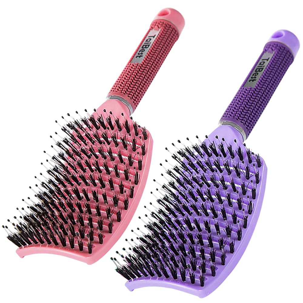 Boar Bristle Hair Brush Set - Dry/Wet Hair Brush Detangler for Fine, Thick, Curly Hair - Curved and Vented Hair Brush for Women, Men or Kids (Purple & Apricot Pink)