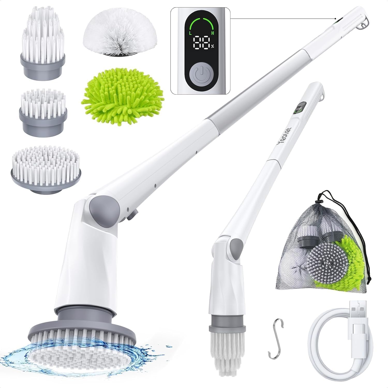 Electric Spin Scrubber, IPX7 Waterproof Cordless Cleaning Brush, Adjustable & Detachable Long Handle, 3X High Torque Motor, 3 Angles Adjustable for Bathroom, Shower, Floor, Tile, Glass, Car