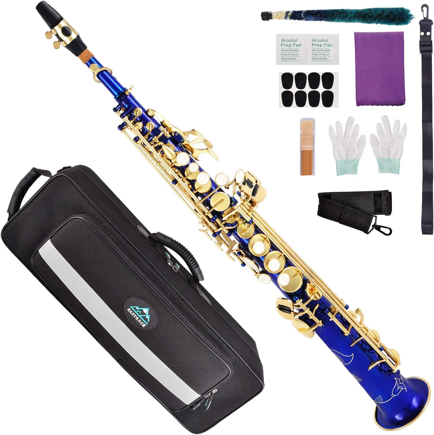 EASTROCK Bb Soprano Saxophone Straight Blue Sax Instruments for Beginners Intermediate Players with Carrying Case,Mouthpiece,Pads,Reed,Cleaning kit,Neck Strap,White Gloves