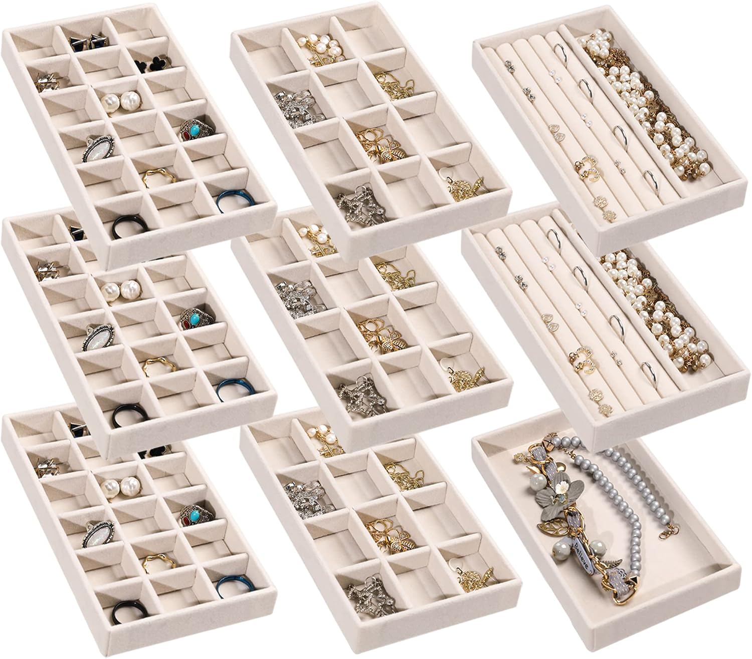 Frebeauty Jewelry Organizer Tray,Stackable Velvet Jewelry Trays,Drawer Inserts Earring Organizer For Women Girls Jewelry Storage Display Case for Rings Stud Necklaces,Set of 9(Beige)