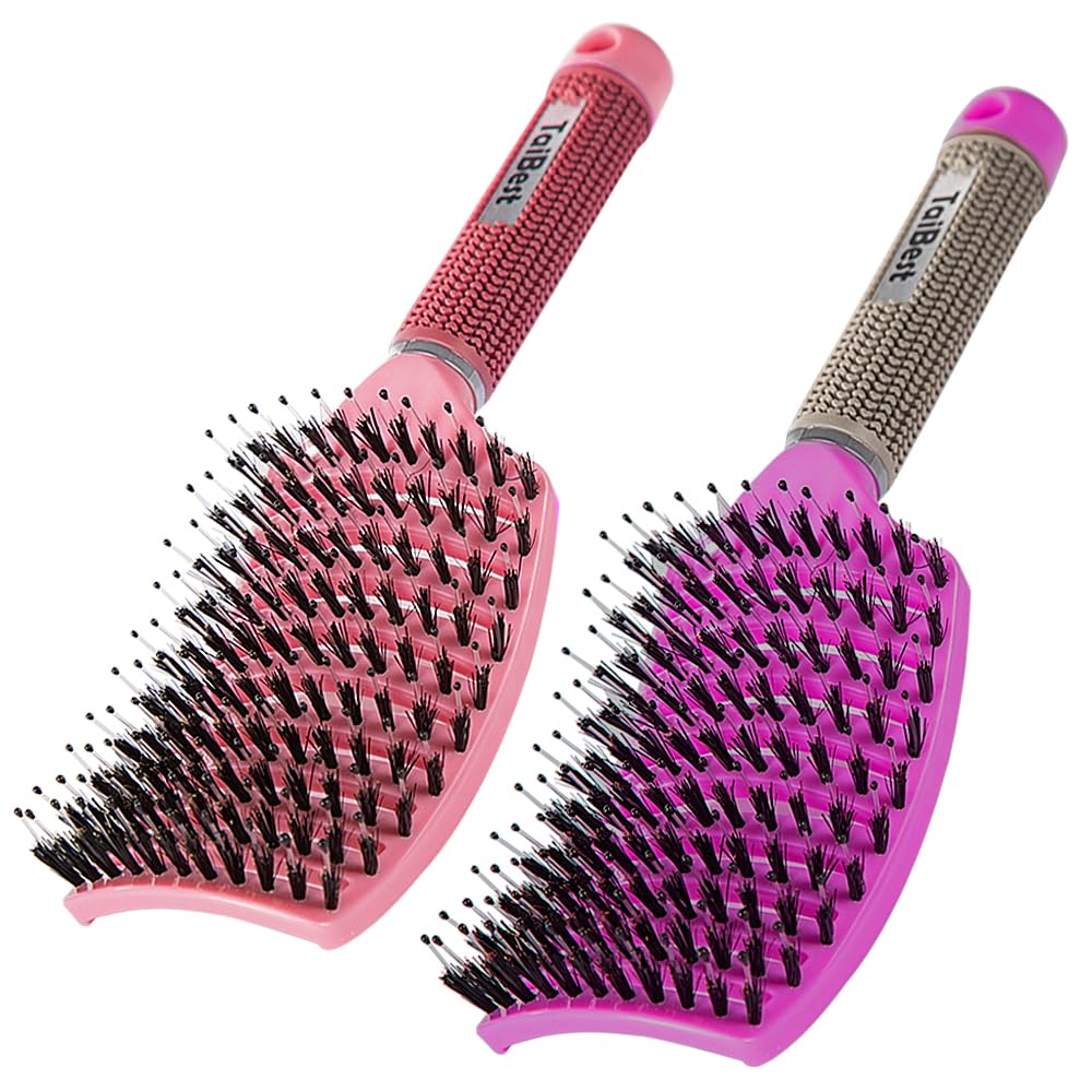 Boar Bristle Hair Brush Set - Dry/Wet Hair Brush Detangler for Fine, Thick, Curly Hair - Curved and Vented Hair Brush for Women, Men or Kids (Rose Red & Apricot Pink)