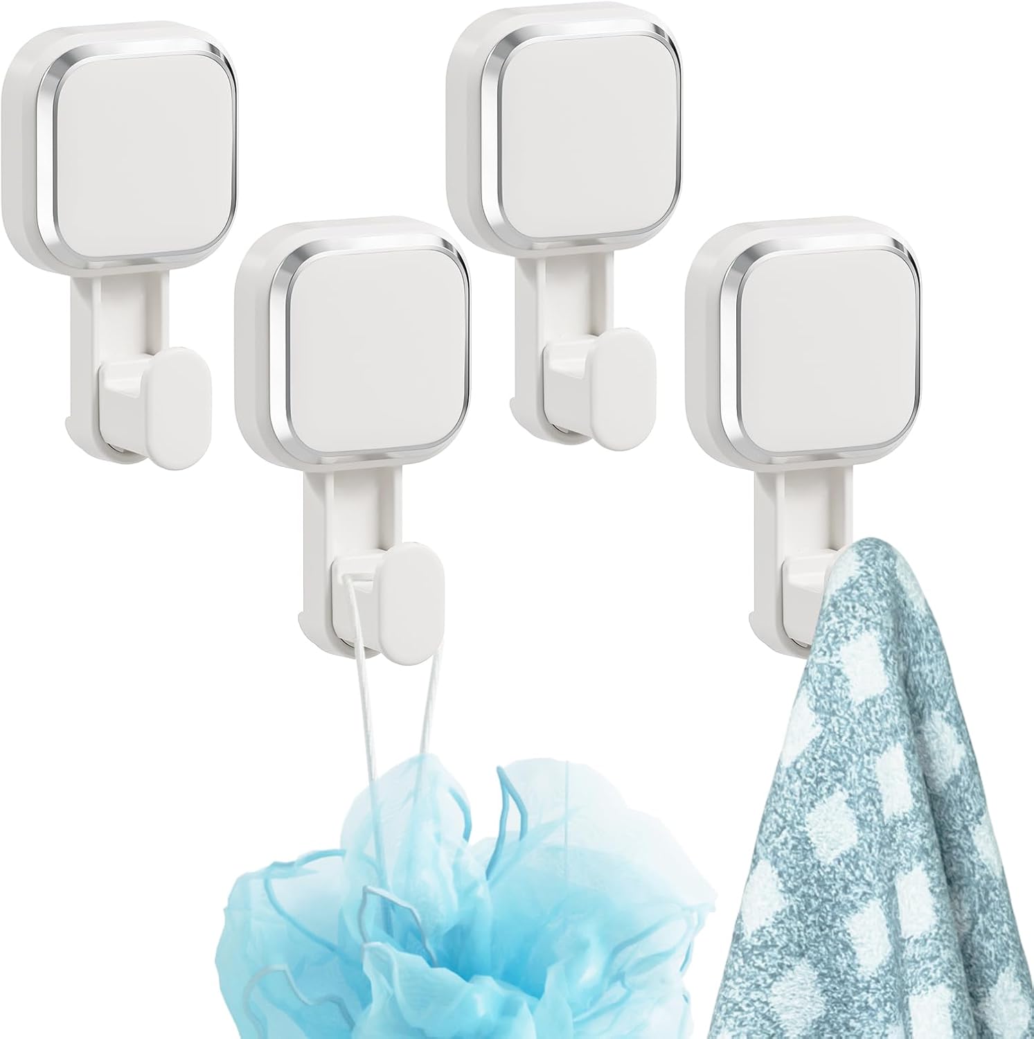 TAILI Heavy Duty Suction Cup Shower Hooks 4 Pack, Damage-Free Hanging Shower Hangers for Inside Shower Wall, Powerful Vacuum Suction Towel Hook, Loofah Holder, Easy to Install and Remove, White