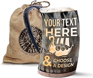 Norse Tradesman Personalized Engraved Viking Drinking Horn Mug - Holiday Themed Designs and Submit Your Text for Engraving - Multiple Tankard Sizes & Engraving Options