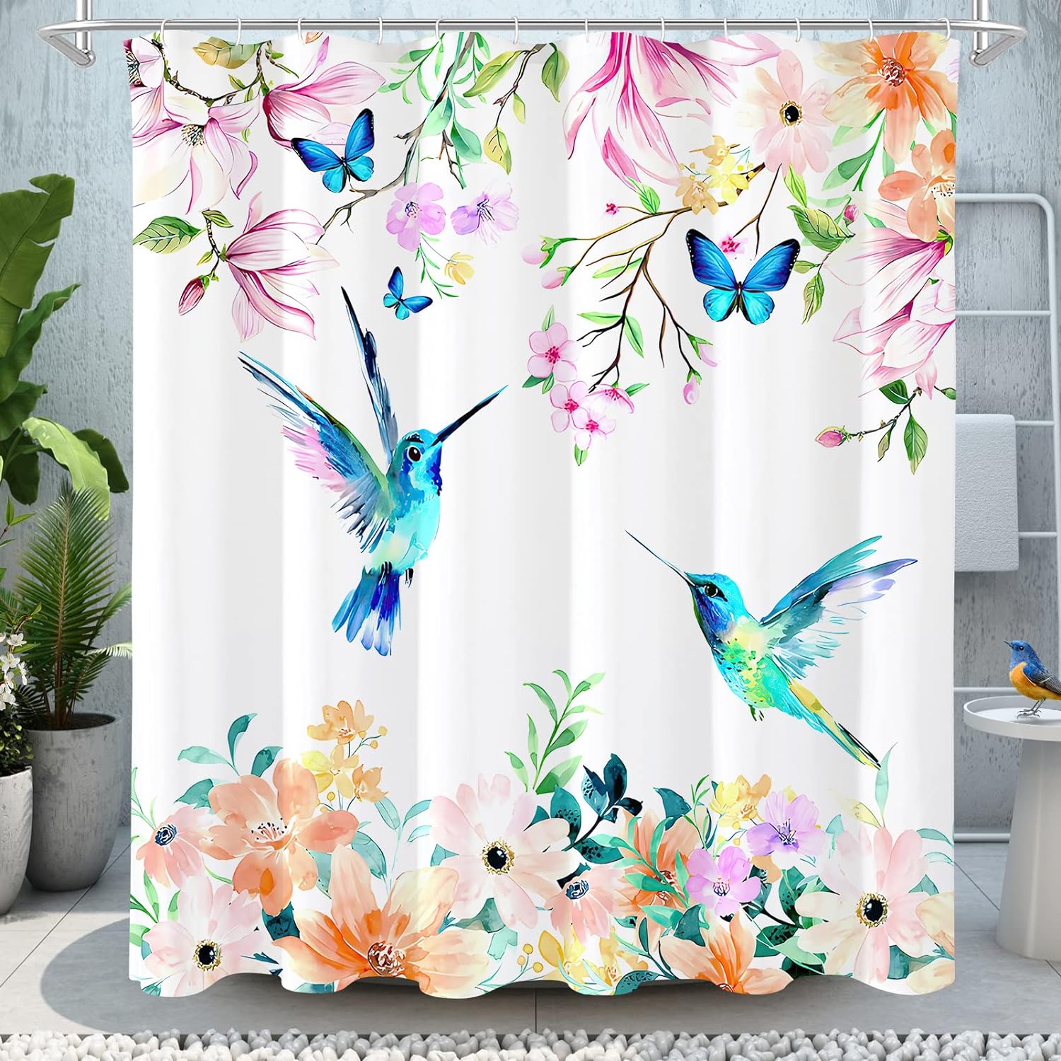 Gibelle Extra Long Shower Curtain 72 x 84, Hummingbird Floral Shower Curtain for Bathroom, Tropical Flower Bird Butterfly Waterproof Fabric Shower Curtain Set with Hooks