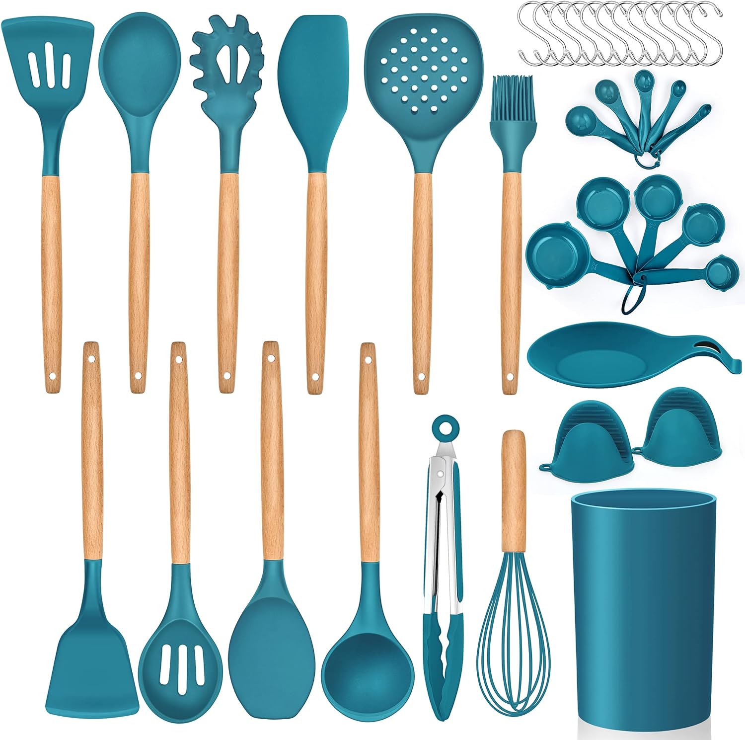 LIANYU 38 Pcs Kitchen Cooking Utensils Set with Holder, Heat Resistant Silicone Kitchen Utensil Spatula Set, Kitchen Gadgets Tools Set for nonstick Cookware Set, Wooden Handle, Blue