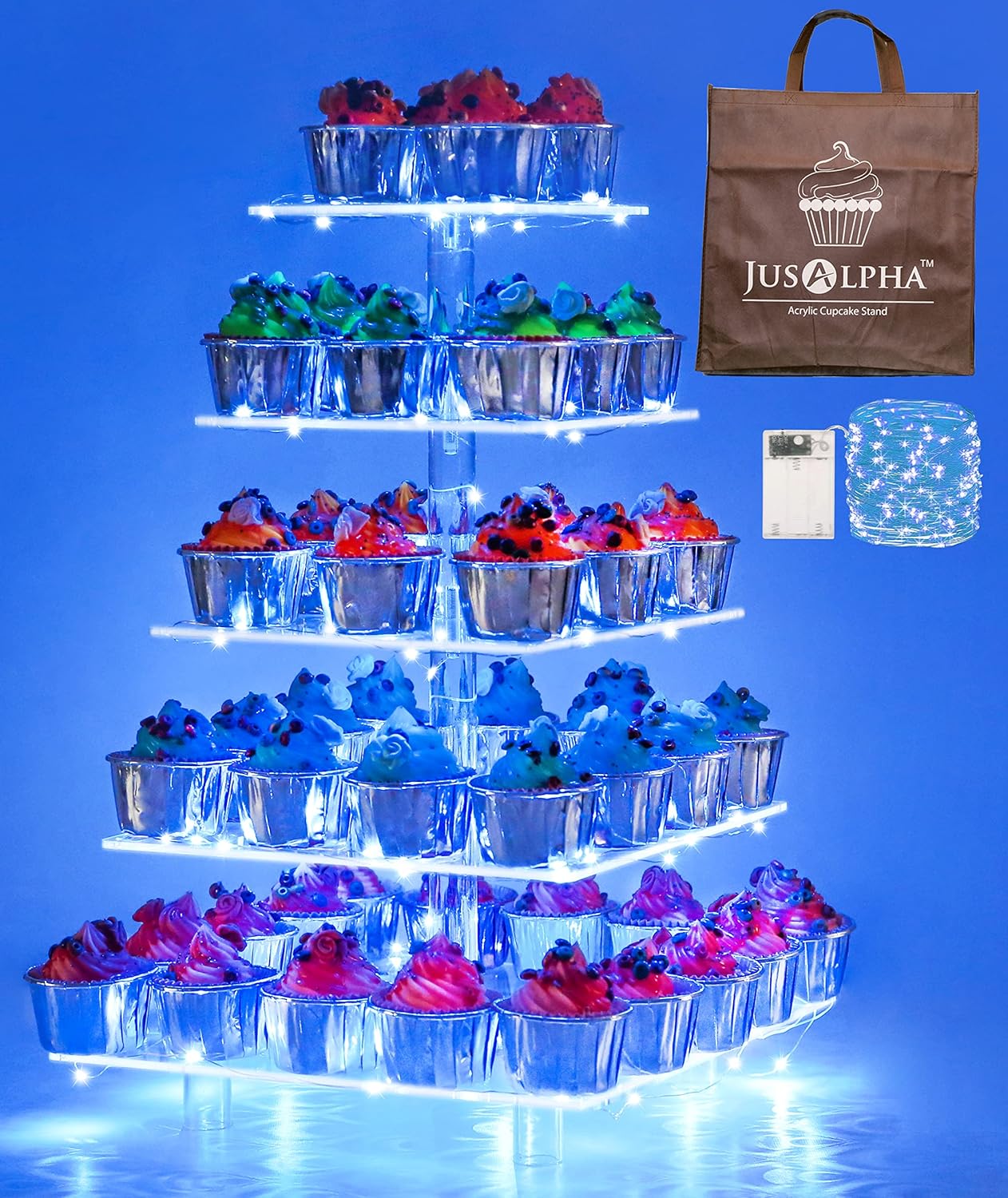 Jusalpha 5 Tier Square Cupcake Stand with Light- Premium Cupcake Holder - Serving Tray-Acrylic Cupcake Tower - Ideal for Weddings Birthday Parties, Candy Bar Decor (Blue��Power Charge:Battery)��