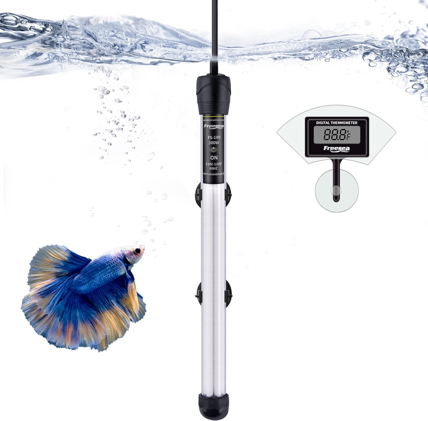 FREESEA Aquarium Fish Tank Heater: 300 Watt Submersible Betta Heater - Adjustable Thermostat with Thermometer for 40-60 Gallon Marine | Saltwater | Freshwater