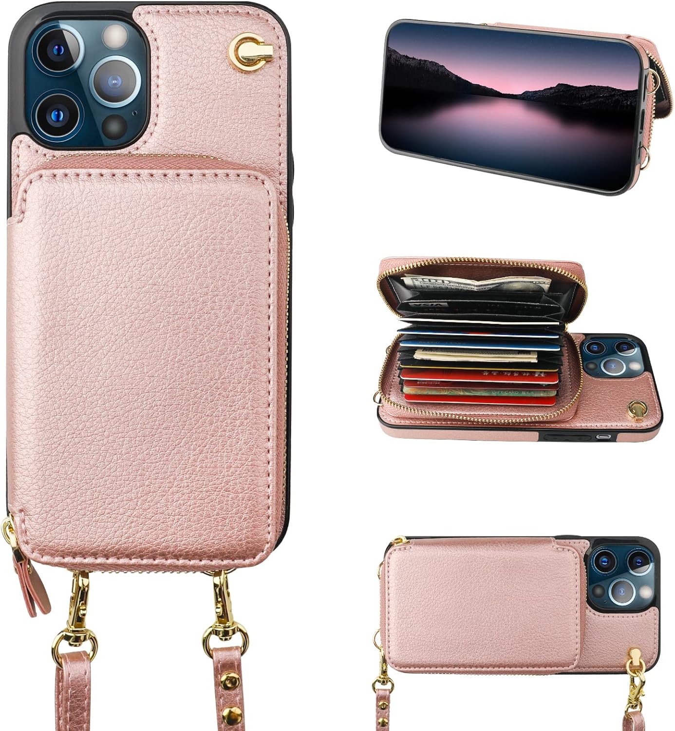 Bocasal Crossbody Wallet Case for iPhone 12 Pro Max, RFID Blocking Leather Purse Case with Card Holder, Protective Handbag Flip Cover with Zipper Wrist Strap Lanyard for Women 5G 6.7 Inch (Rose Gold)