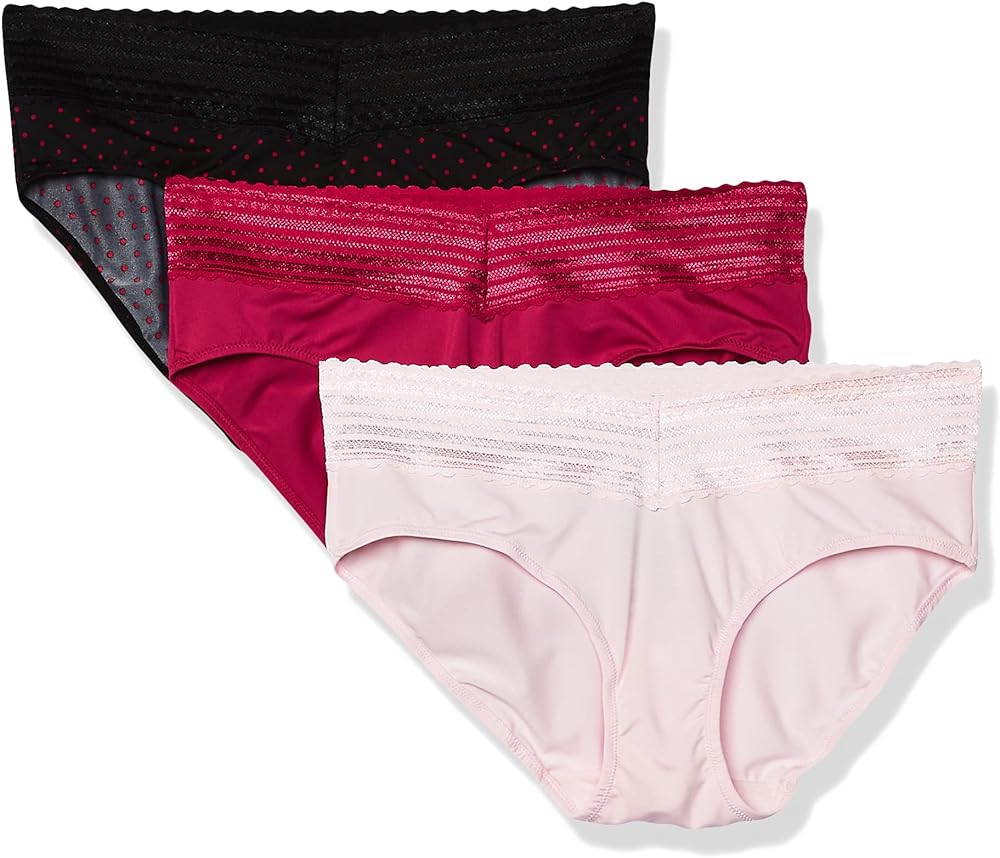 I recently threw away a bunch of underwear that was misshapen and uncomfortable. In particular, I hate having to constantly adjust my underwear because it is sliding around/riding up. I consulted with my two sisters about what they liked, and they both recommend Warner's No Muffin Top. So, I purchased this set, and I also got a similar set from an unknown brand. I have included photos and will compare the two in this review - the Warner's is the light blue with the black lace waist, and the other brand is the darker heathered blue.I ordered a 3-pair set of this underwear in the Plumberry/White/Holiday Print.  There are a lot of styles to choose from (although I would have preferred a set of three dark colors with design). I ordered my usual size, medium (6 in underwear, usually 8 in pants). I do really like the colors, which look just like the product photo; I found the contrasting black lace band a nice touch. I decided to wash these before wearing. These are 90% Polyester, 10% Elastane, and they did very well machine wash/dry - they didn't shrink, and the lace stayed flat.These underwear fit very comfortably on me. The lace sits nice against my body and is not scratchy. The look attractive--I especially like the v-shaped dip in the front--and they nicely hug my curves, while also having plenty of rear coverage.  As you can see, in comparison to the other set I bought, these are slightly bigger; I think that combined with the stretchy fabric made these just a bit more comfortable.  Most of the time, I forget that I am wearing them, and I have been especially impressed that these stay in place even when I am exercising!I am so glad I asked my sisters for recommendations and am extremely happy with these.  They are a little pricier than mass-market options, but I think they are worth it, and I will definitely be buying more when I need them. The ONLY thing I don't like about these is that the product information is printed on the back of the underwear in a very LARGE block of DARK ink; on my white ones, it is in black, and it is VERY noticeable, taking up a lot of space.UPDATED 7/18/22:This panties have held up well, and I do still like them. However, in contrast to my review above, I have found that the less expensive ones I purchased at the same time are more comfortable, whereas these Warner ones due tend to ride up at times (depending on what I am wearing). I think I might try another set in the microfiber to see if they are better.