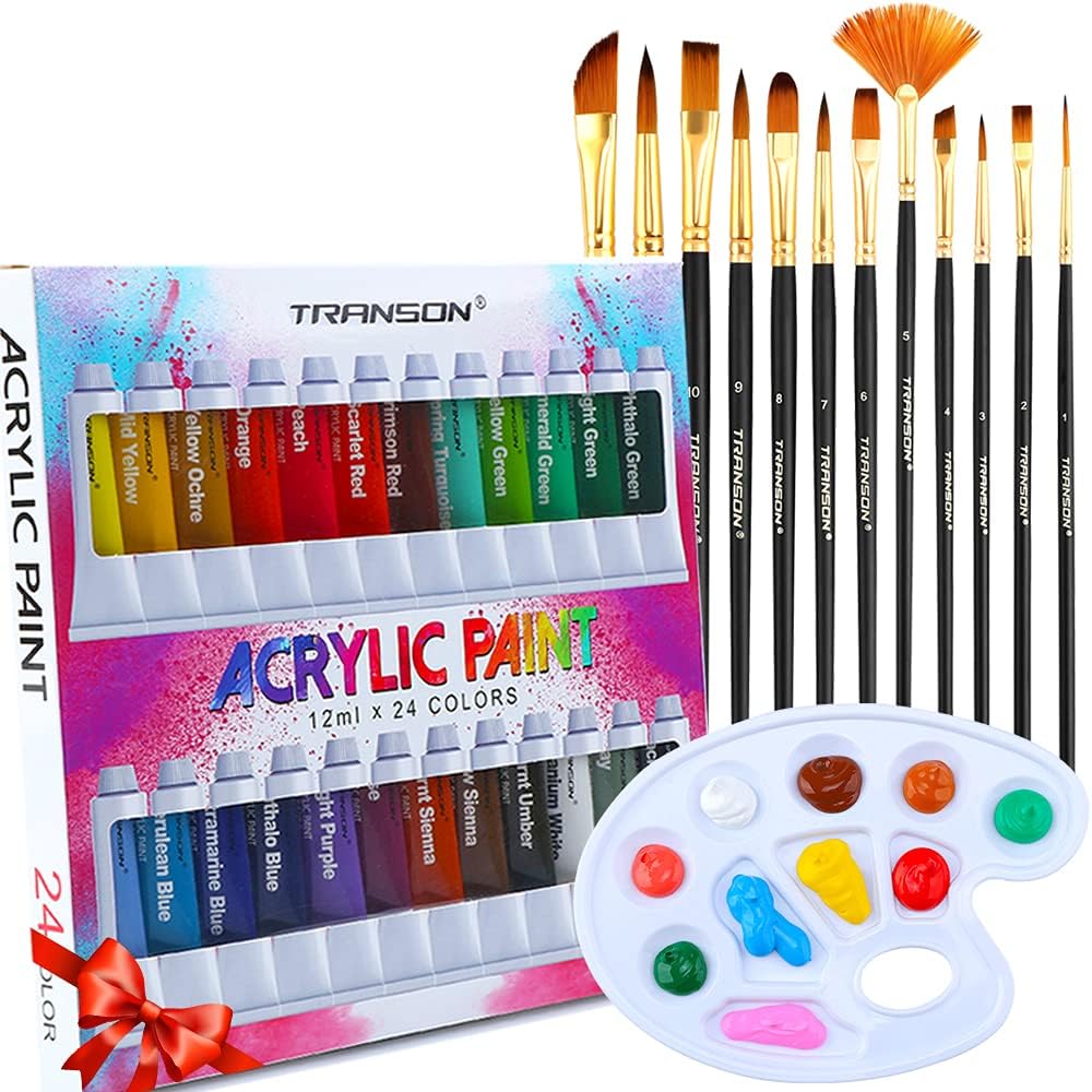 TRANSON Acrylic Paint Set 24-color with 12 Paint Brushes and Palette Non-toxic for Canvas Craft Rock Art Painting