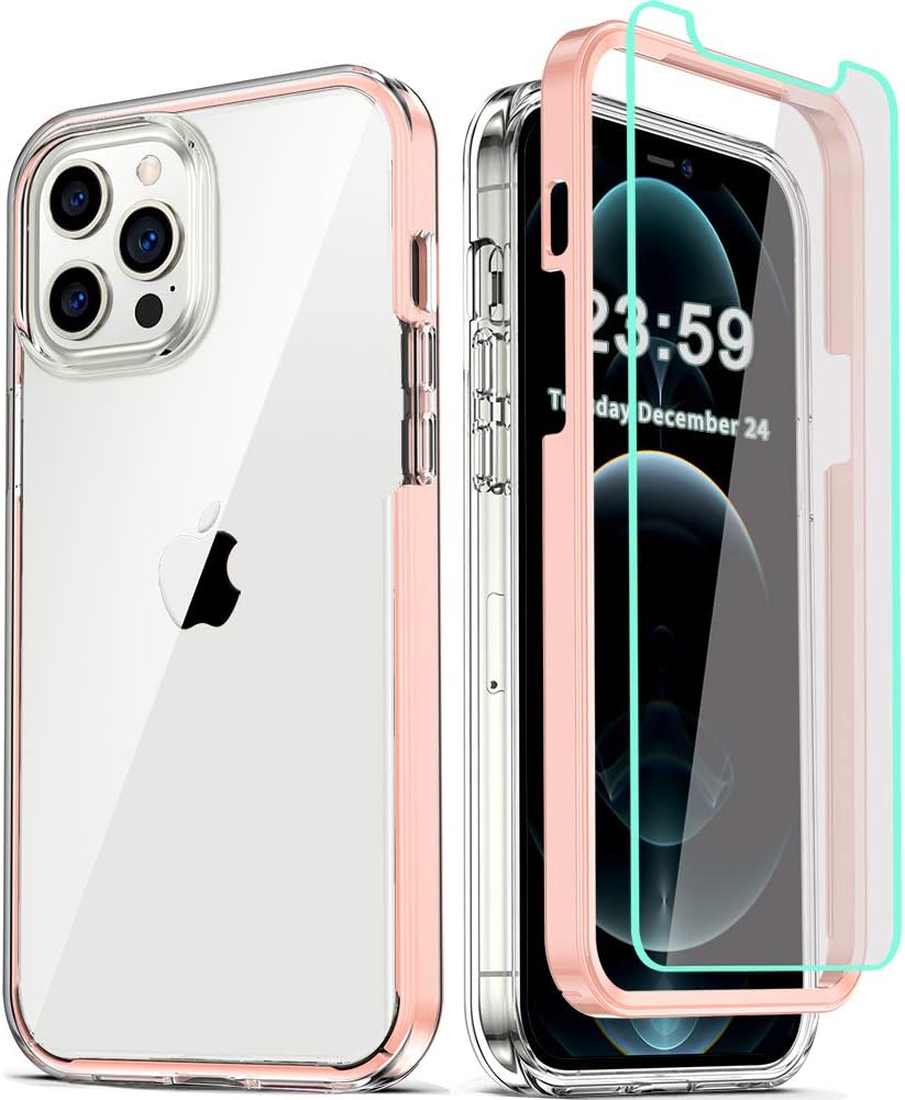 COOLQO Compatible for iPhone 12 Pro Max Case 6.7 Inch, with [2 x Tempered Glass Screen Protector] Clear 360 Full Body Coverage Silicone Protective 13 ft Shockproof Phone Cover Pink