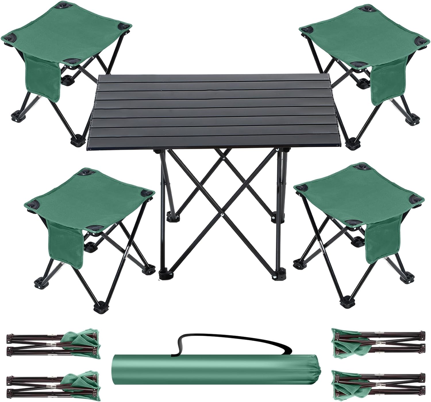 6 Pcs Folding Camping Table and Chair Set of 5, Portable Camping Table with Small Foldable Lawn Chair and Cup Holder Carrying Bag for Outdoor Camping Hiking Fishing Picnic Beach BBQ(Green and Black)