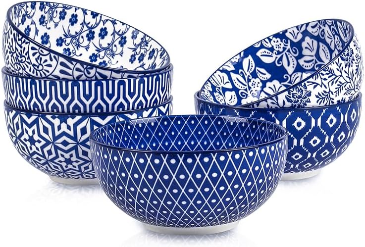 Selamica Ceramic 12 OZ Dessert Bowls Set, Cereal Bowls for Kitchen, 4.7 Inch Small Bowls for Ice Cream, Snack Side, Dishes Rice, Microwave Dishwasher Safe, Set of 6, Vintage Blue