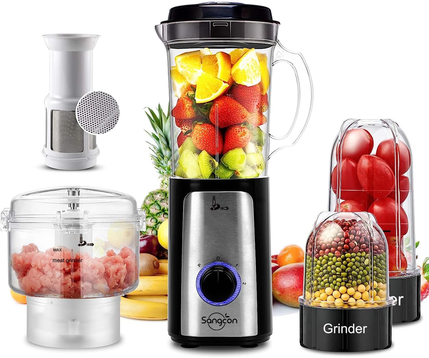 SANGCON 5 in 1 Blender and Food Processor Combo for Kitchen, Small Electric Food Chopper for Meat and Vegetable, 350W High Speed Blenders with 2 Speeds and Pulse for Smoothies and Shakes