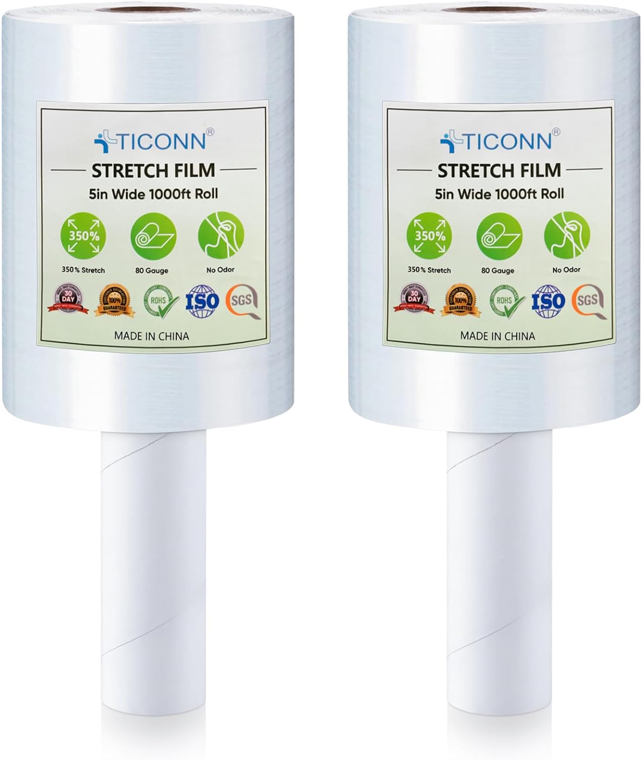 TICONN 5'' Stretch Wrap Stretch Film, 1000ft 80 Gauge Industrial Strength Clear Plastic Wrap with Handles for Pallet Wrapping Shipping Moving (2PK)