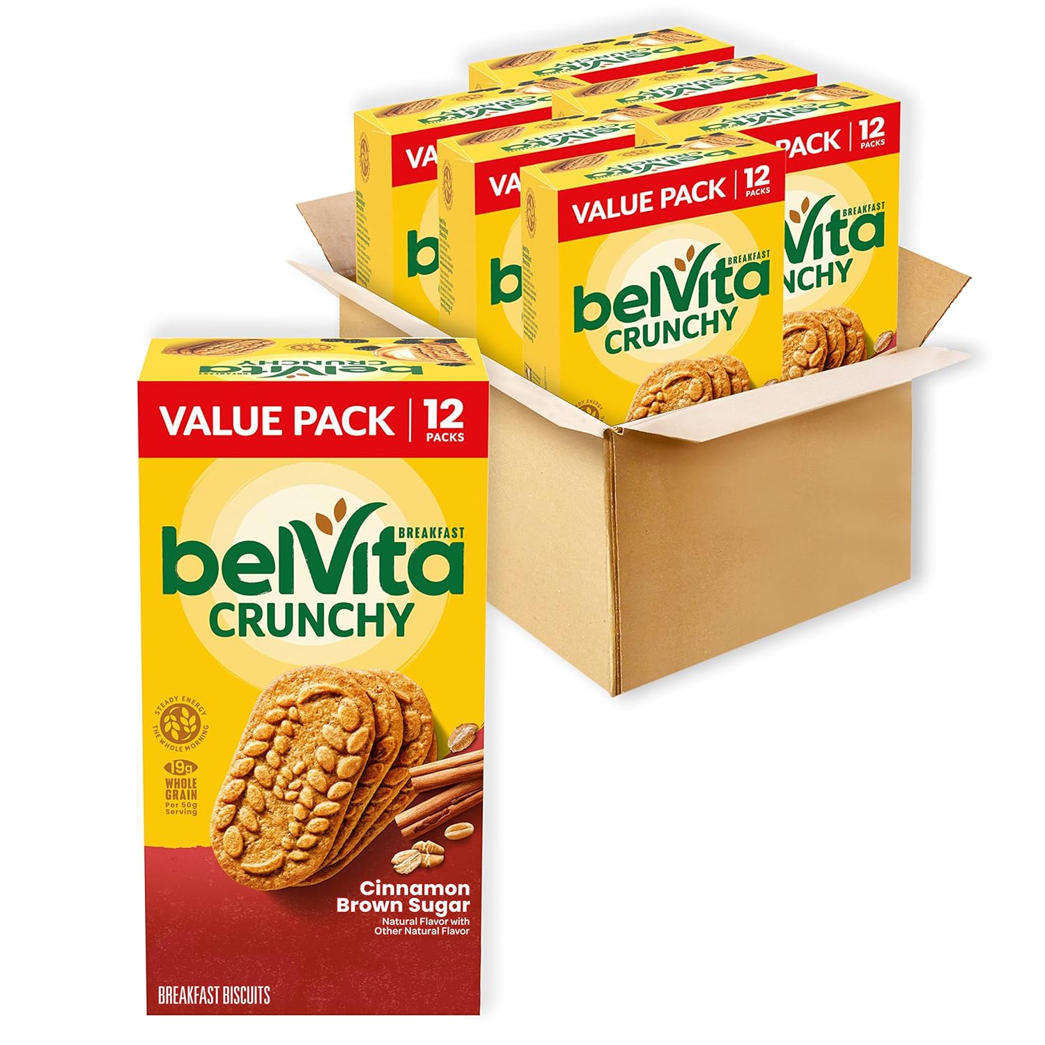 BelVita Cinnamon Brown Sugar Breakfast Biscuits, Value Pack, 72 Total Packs, 6 Boxes (4 Biscuits Per Pack)