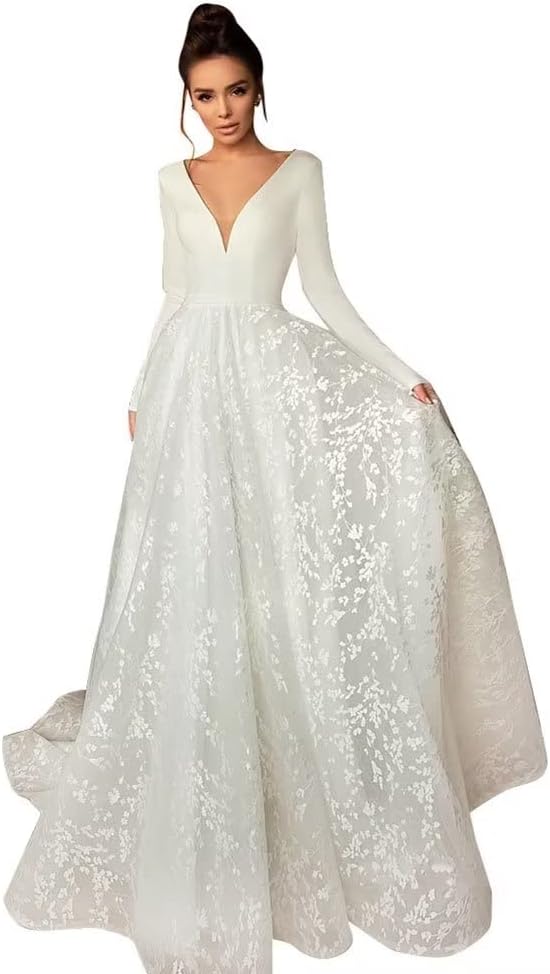 Long Sleeve Lace Wedding Dresses for Bride Satin Ball Gowns Simple V Neck Bridal Gowns for Women