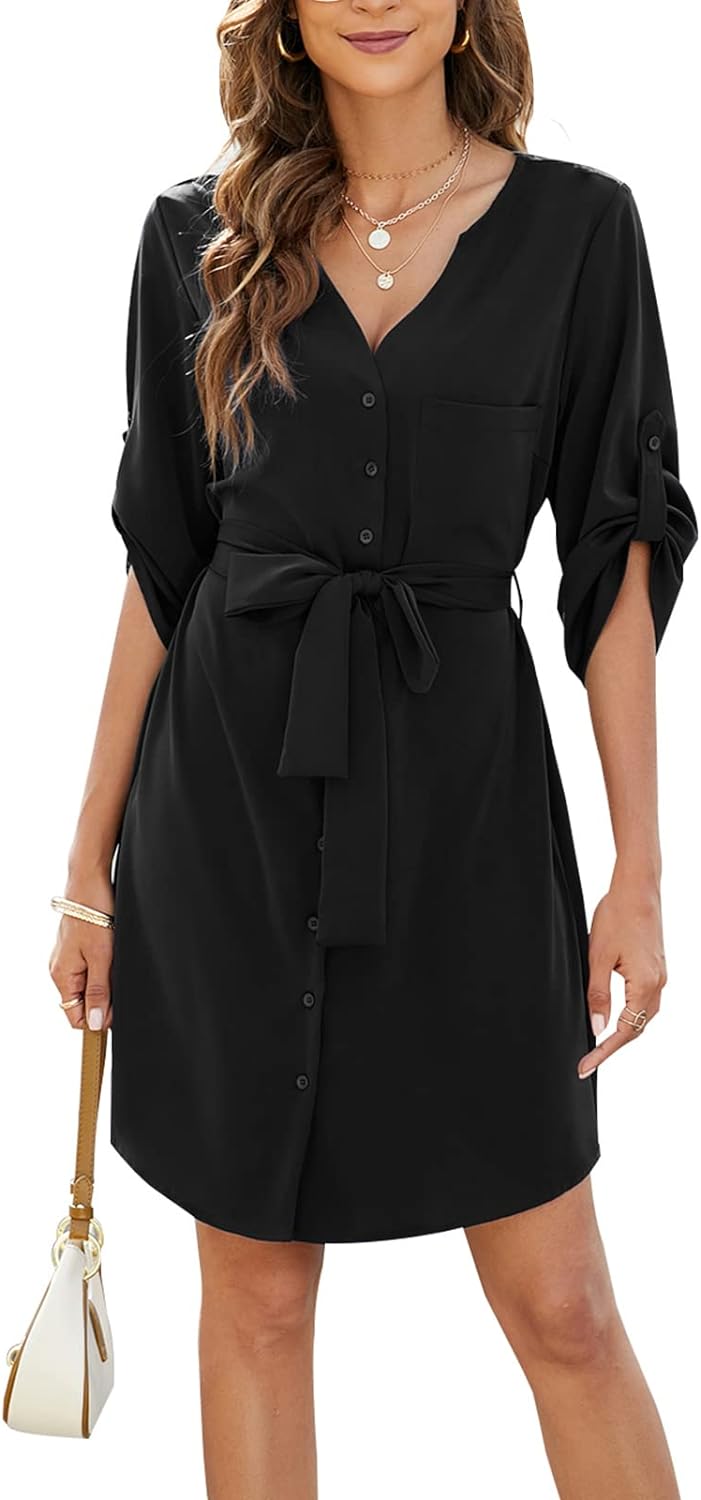 BMJL Womens Button Down Dress Summer V Neck 3/4 Sleeve Tie Waist Business Casual Work Mini Shirt Dresses