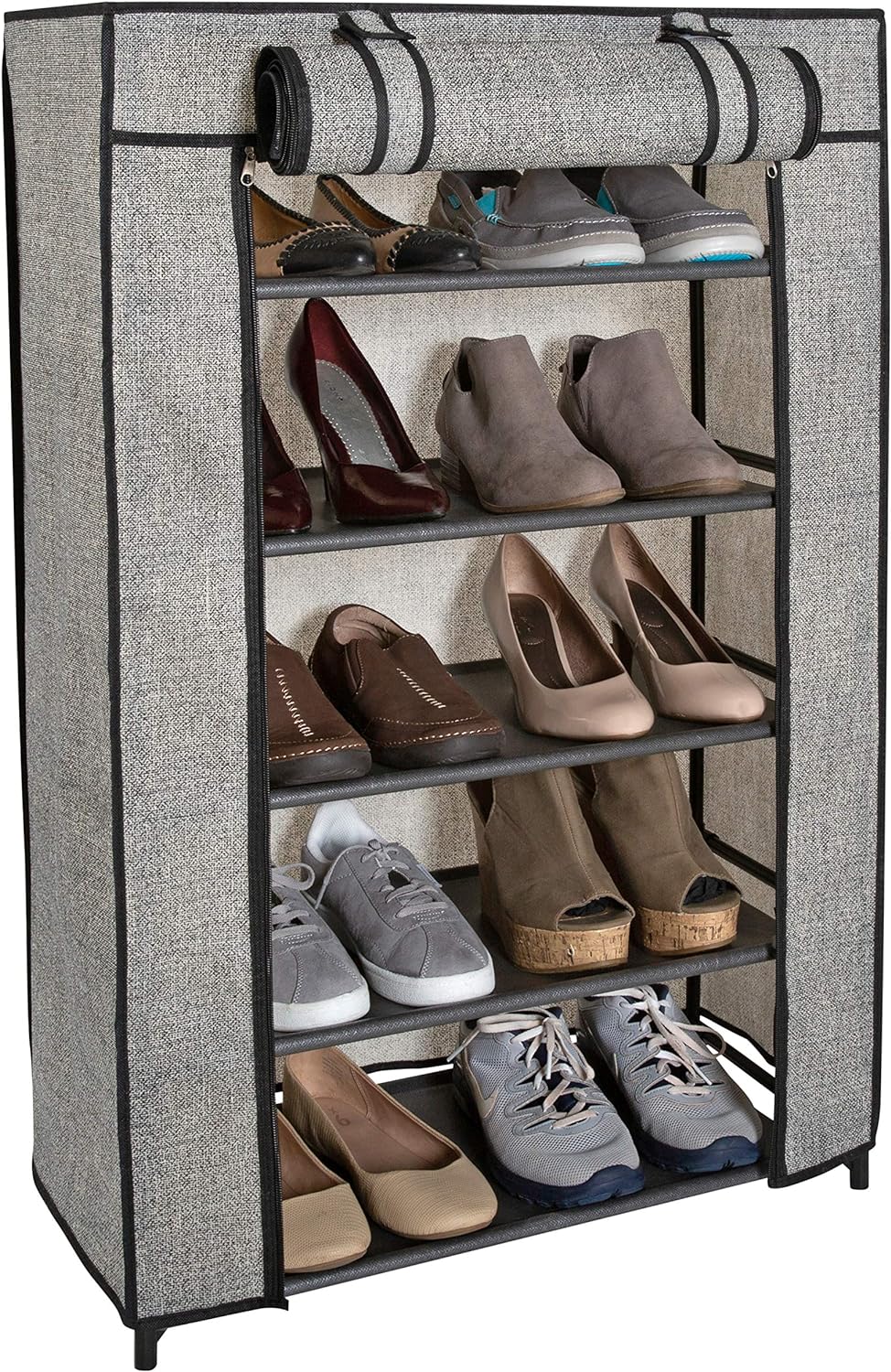 Simplify 5 Tier Shoe Storage Closet Organizer Rack with Cover, Free Standing, Holds 15 Pairs, Good for Sneakers, Flats, Heels & Boots, Black, 15 Pair