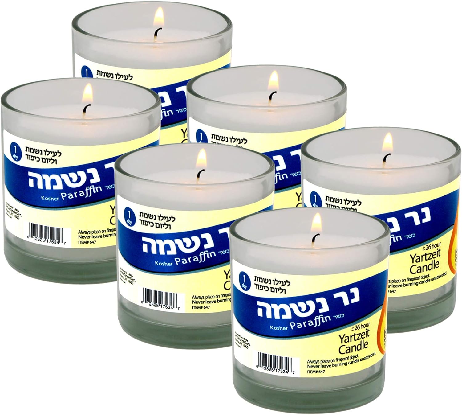 Yahrzeit Memorial Candle 24 Hours Burning Time in Glass Holder- 6 Pack - to light in memory of lost loved ones funeral shiva yartzeit or emergency candles- nice glass tumbler cups- light 1 day