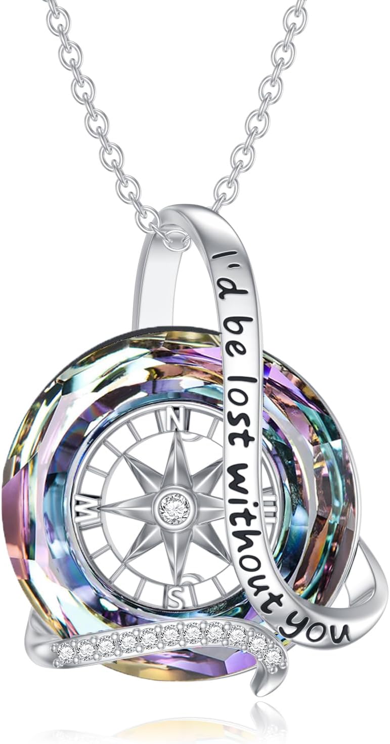 AOBOCO Graduation Gifts for Women, 925 Sterling Silver Compass Pendant Necklace with Color-changed Crystal from Austria, College Graduation Gift for Her Women