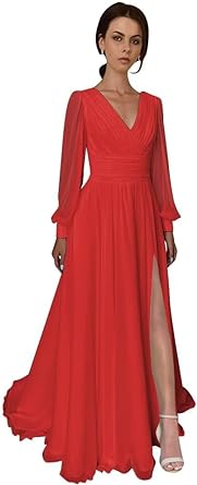 Split Chiffon V Neck Long Sleeve Prom Dresses Formal Dress for Women A-Line Pleated Maxi Gown