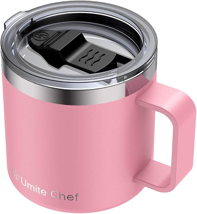 Umite Chef Stainless Steel Insulated Coffee Mug Tumbler with Handle, 14oz Double Wall Vacuum Travel Tumbler Cup with Sliding Lid Travel Friendly, Pink