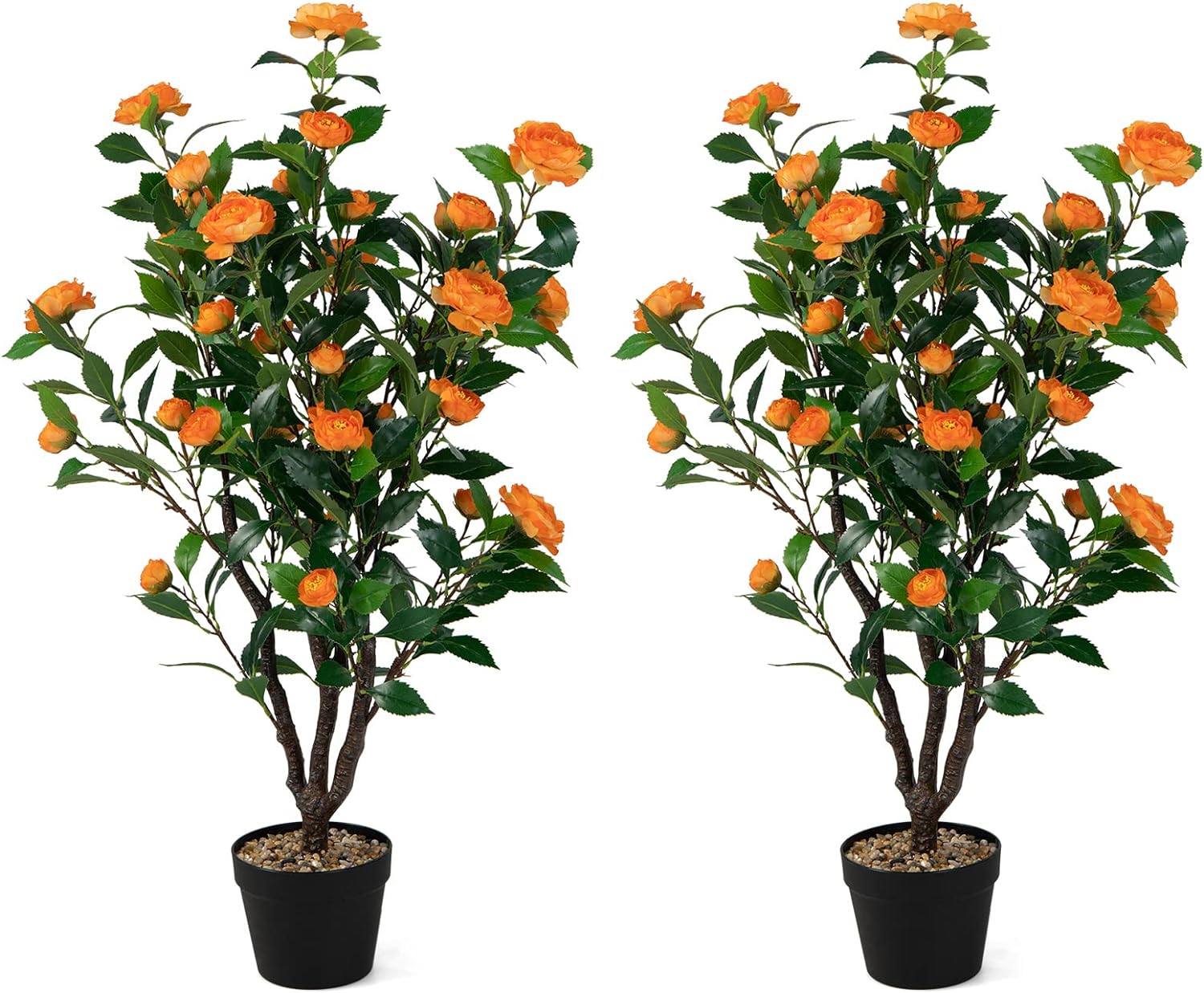 Goplus 40�� Artificial Camellia Tree, 2 Pack Flower Plants Artificial Tree, Faux Floral Plant Blooming Tree in Cement Pot, Greenery Potted Plant for Indoor Outdoor Office Home Porch Decor