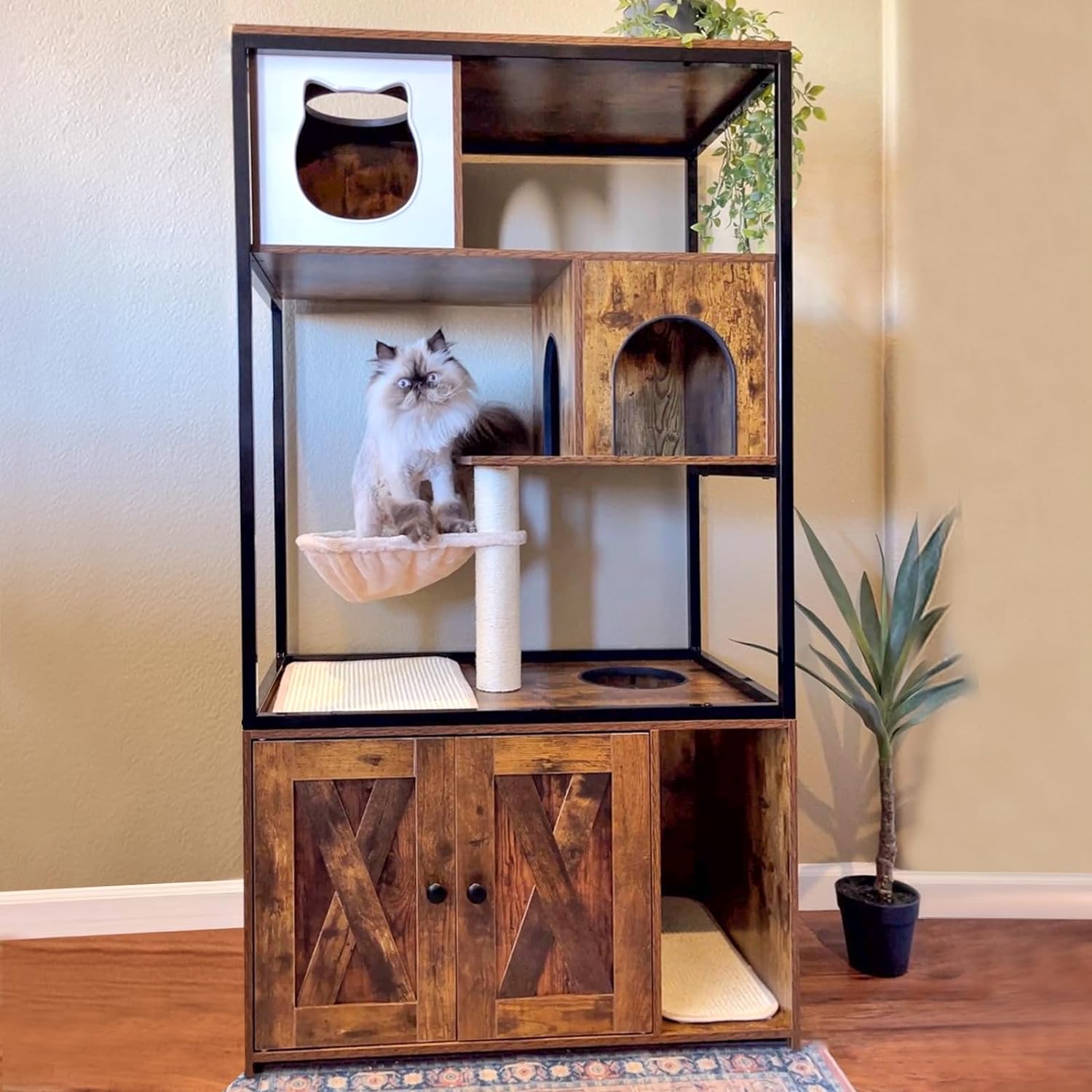 Cat Litter Box Furniture Enclosure 4 Levels Cat Tree Hidden Cat Furniture Cabinet with Storage and Scratch,Cat Condo