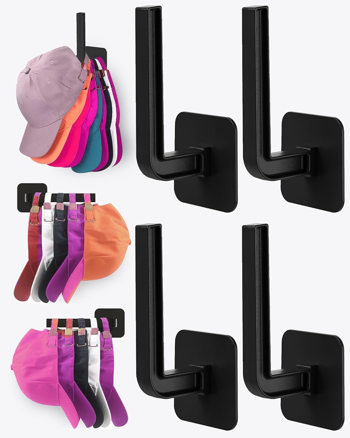 Hat Rack for Hat Storage (4-Pack), Multi-Purpose Hat Organizer, Strong Adhesive Hat Hooks for Wall Hat Organizer for Baseball Caps, Two Mounting Options Hat Hook, Black