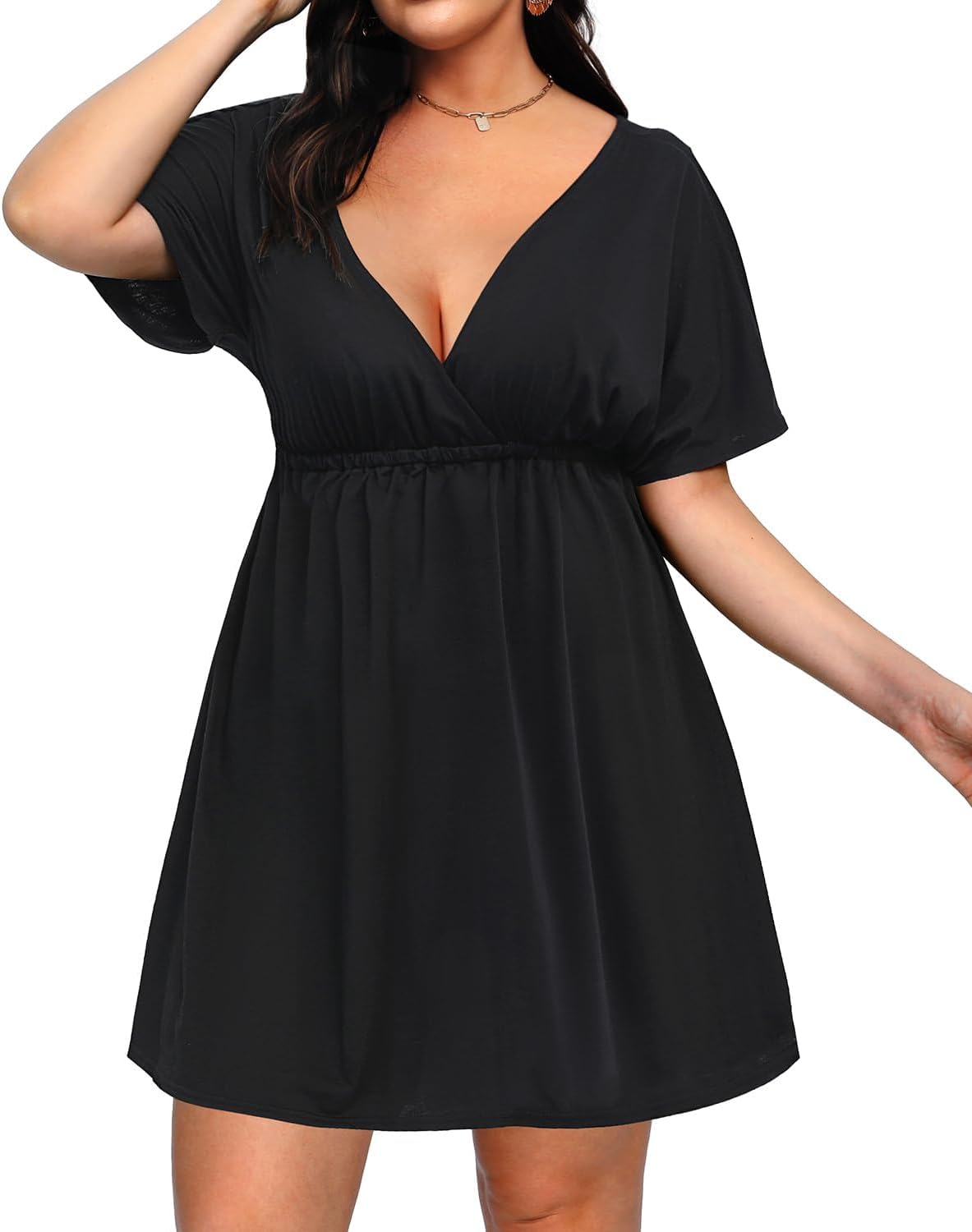 Pinup Fashion Women' Plus Size Swimsuit Cover Up Dress Short Sleeve Wrap V-Neck Beachwear Coverups