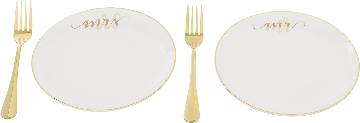 Lillian Rose Mrs Plates with 2 Forks Wedding Cake Ceremony Alternative Set, 7, Gold